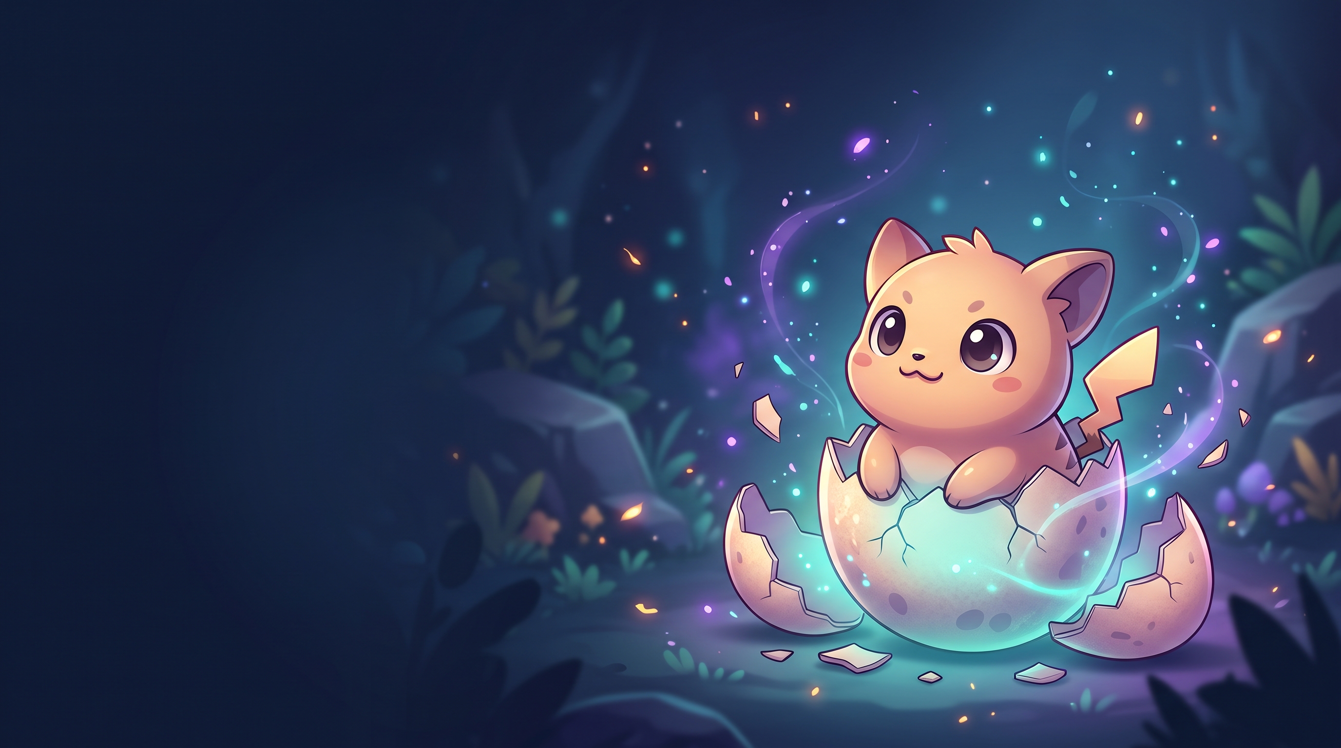 A bright-eyed little creature hatching from a glowing egg in a magical forest.